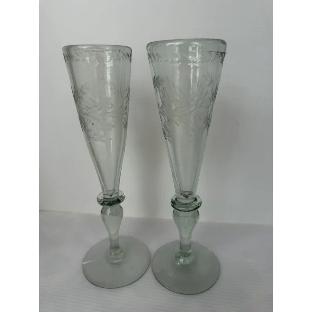 Rios Interiors Hand Blown Etched Champagne Flutes Set of 2 Floral Glass 10” Boho